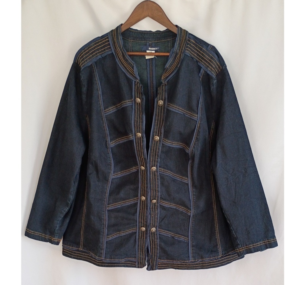 Denim 24/7 Womens 26W Dark Wash Military Style Button Front Denim Jacket Blue
